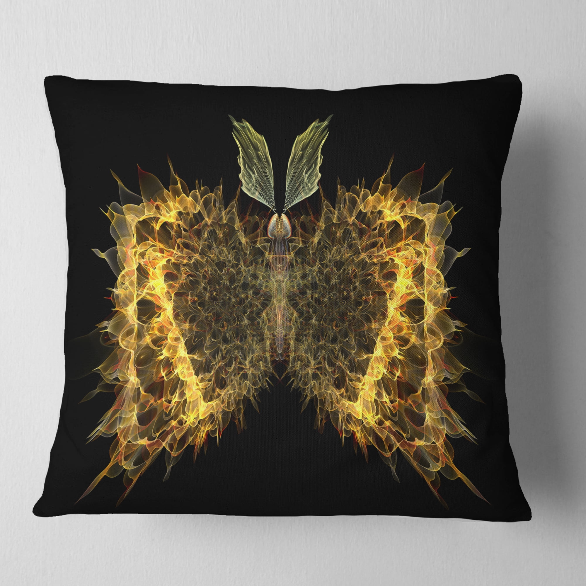 Designart Golden Fractal Butterfly in Dark - Abstract Throw Pillow - 16x16