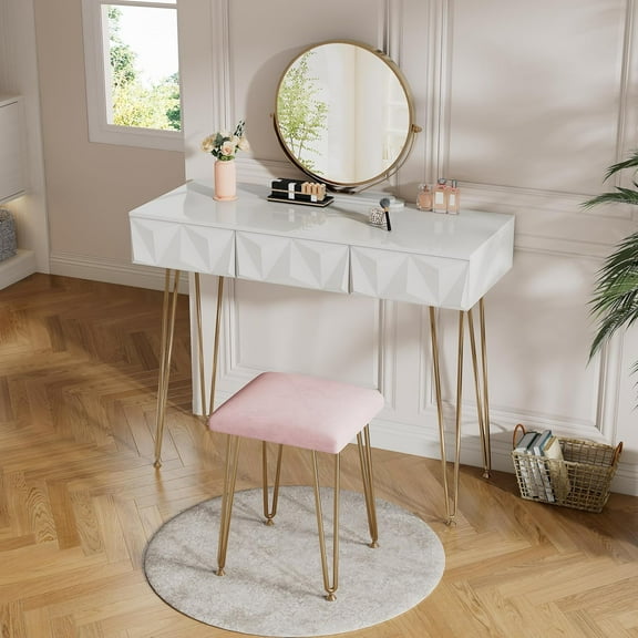 Large Vanity Desk with Mirror, 47.24" White and Gold Makeup Vanity Table with 3 Drawers and Pink Stool, Modern Dressing Table for Women, Bedroom