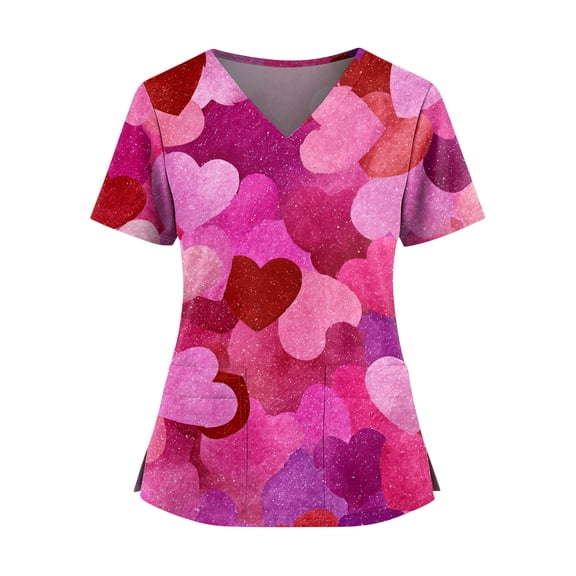 Womens Valentine Day Scrubs V Neck Plus Size Short Sleeve Medical Scrubs Love Heart Print Nursing Quick Dry Uniforms with Pockets Hot Pink XL