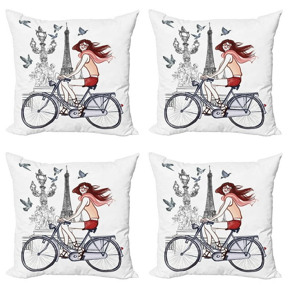 Ambesonne Paris Throw Pillow Cover 4 Pack, Woman on Bike Eiffel, 24", Grey Red Peach