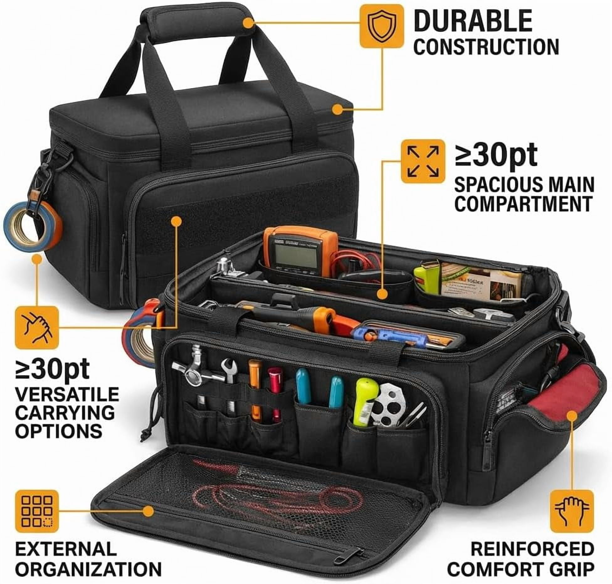 14-Inch Heavy-Duty Canvas Tool Bag, Multi-function Large Capacity Tool Organizer Tote Bag, with Adjustable Shoulder Strap, Exterior Pockets for Hand Tools, for Electrician, Plumber (B)
