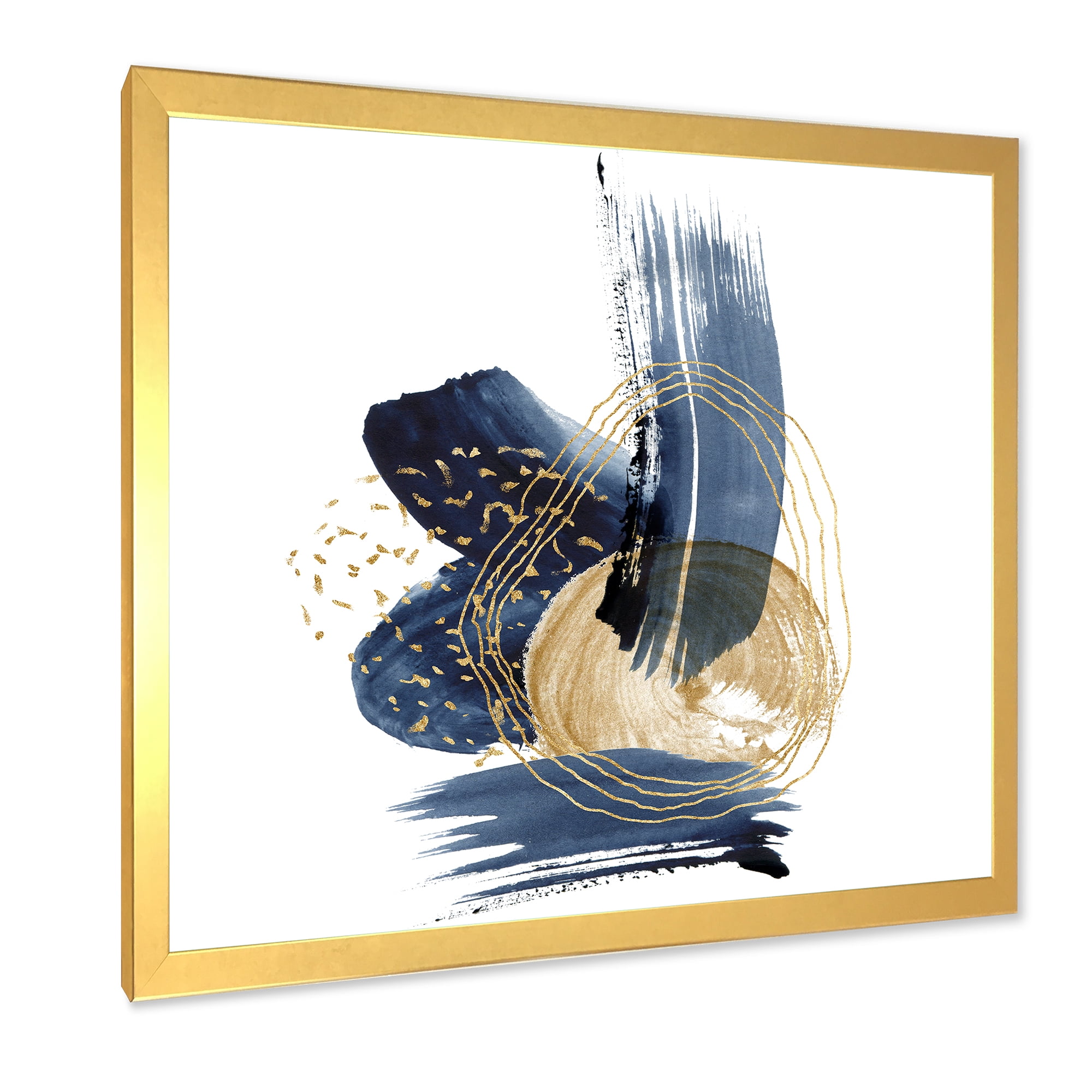 Designart 'Gold Strokes and Landscape of Dark Blue Mountains II' Modern Framed Art Print