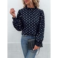 thumbnail image 5 of Women'S Long-Sleeved Commuter Hot Stamping Shirt Pleated Round Neck Shirt Casual Loose Top Navy Blue L, 5 of 8