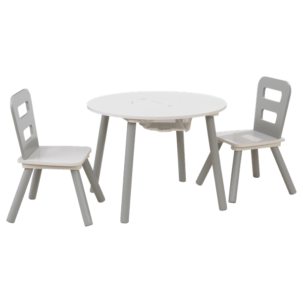 KidKraft Wooden Kids Round Storage Table & 2 Chair Set, Gray & White