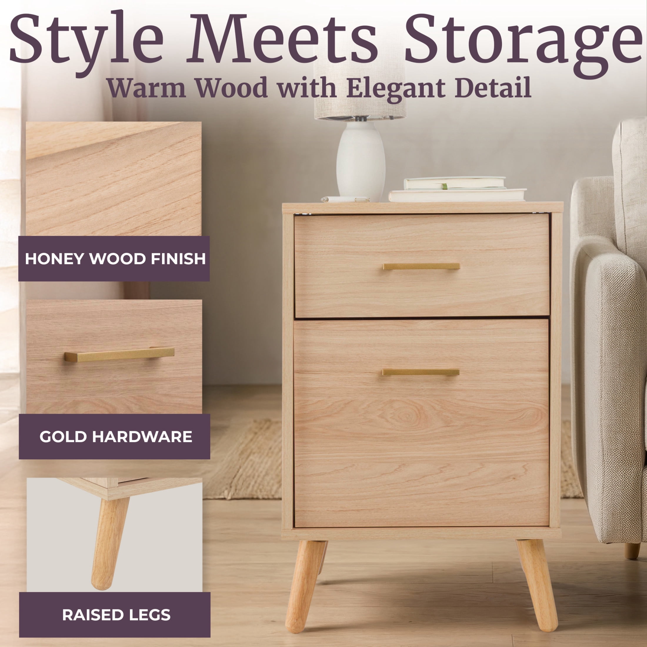 Lavish Home 2 Drawer File Cabinet with Adjustable Hanging Bars for Office Storage, Natural