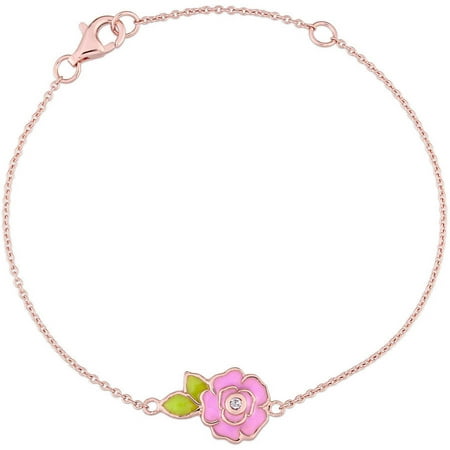 Cutie Pie White Topaz Accent Rose Rhodium-Plated Sterling Silver Children's Flower Bracelet with Pink and Green Enamel, 6 with 1 Extension