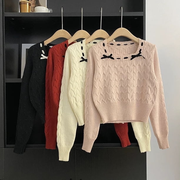 Suéter de punto para mujer, nueva versión coreana de otoño e invierno, dulce nicho, suelto, corto, de moda, cuello cuadrado, manga larga, ajustado