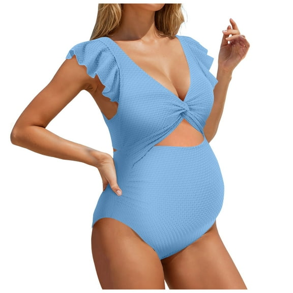 GEWSEY Ruffle Ribbed Maternity Swimsuit One Piece High Waisted Pregnancy Bathing Suits Push Up Swimwear (Blue, XL)