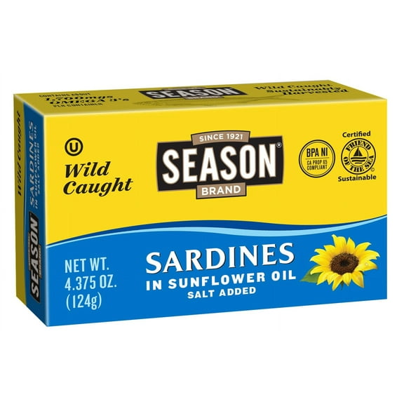 Season Sardines in Sunflower Oil, Salt Added, 4.375 oz Can
