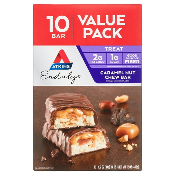 Atkins Endulge Treats, Caramel Nut Chew Bars, Low Sugar Snacks, Dessert Bars, Good Source of Fiber, 10 Count (Value Pack)