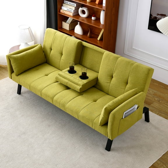 70-inch Multi-functional Cotton and Linen Sofa Bed, Convertible Modern Futon Loveseat  with Foldable Cup Holder and Side Storage, Space-Saving Comfortable Sleeper Couch Bed for Small Spaces,Green