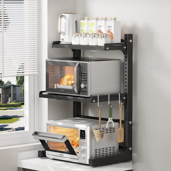 ABCOOL Retractable Adjustable 2 Axial Snap-in Kitchen Baker Microwave Oven Rack, 2 Tier Expandable and Height Adjustable Carbon Steel Shelf Counter Countertop with 3 Clip Hooks, Electric Oven Holder