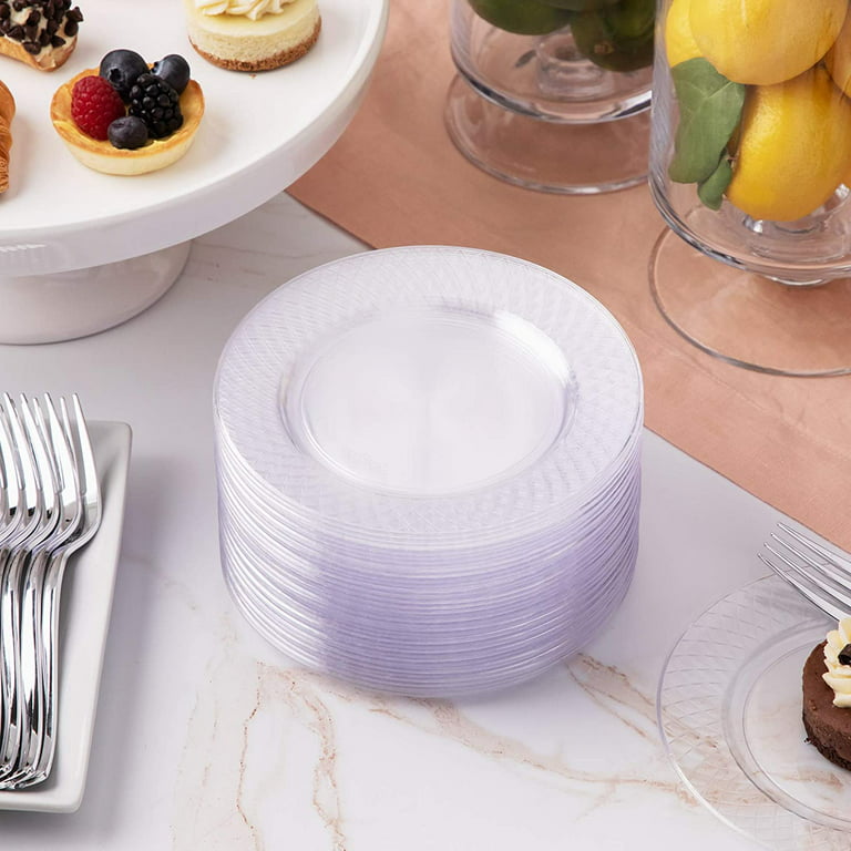 Prestee 100 Clear Plastic Plates - 6.25 inch Disposable Plates, Fancy Dessert  Plates, Hard Round Party Plates, Elegant Appetizer Plates, Heavy Duty  Wedding Plates