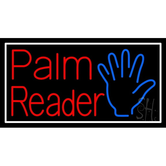 Palm Reader White Border LED Neon Sign 20" Tall x 37" Wide - inches Black Square Cut Acrylic Backing, with Dimmer - Bright and Premium built indoor LED Neon Sign for Storefront.