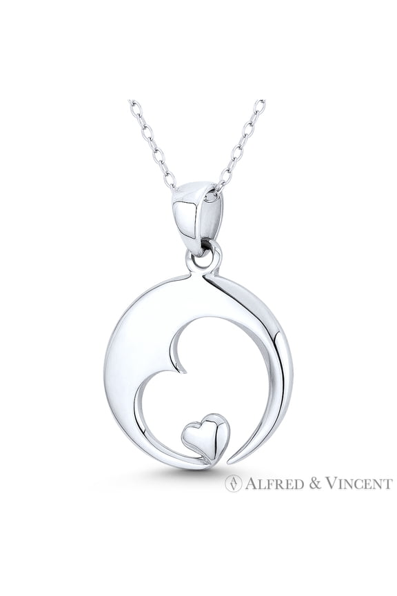 Sideways Heart Cutout & Bubble Heart Charm Circle Pendant in .925 Sterling Silver