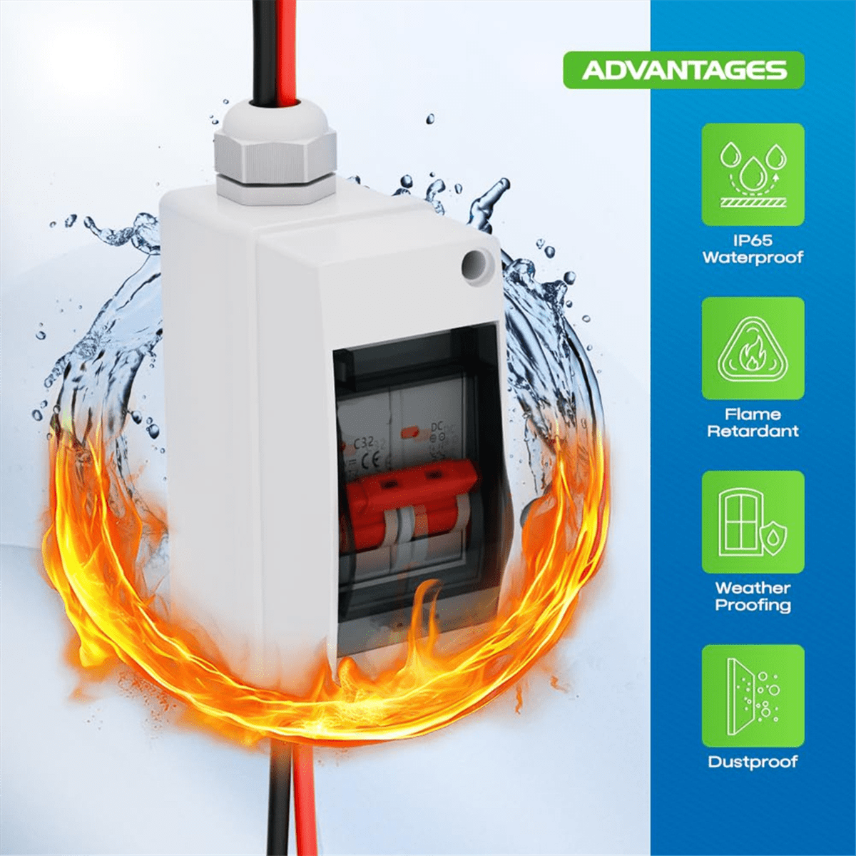 Solar Panel Disconnect Switch, CGELE32A DC 500V Breaker Box PV Disconnect Switch with IP65 Waterproof Box