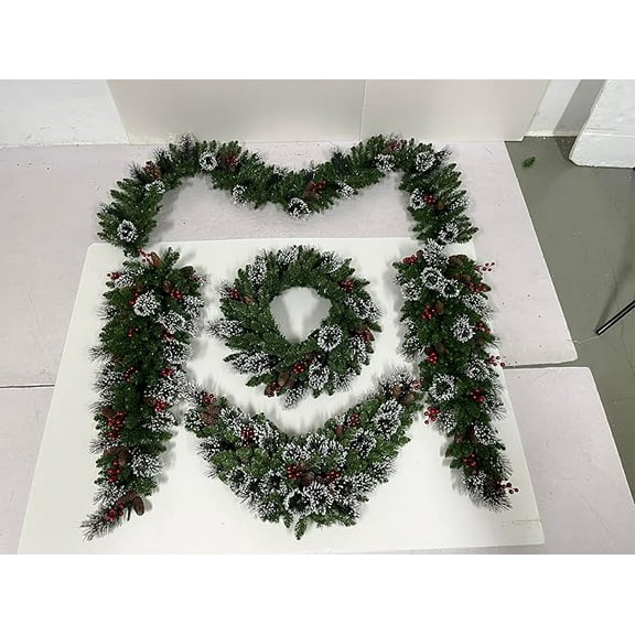IDEALHOUSE, 6FT, Green, 6 Piece Pre-Lit Christmas Wreath and Garland Set, Frosted Pine, Pinecones, Red Berries, Snow Tipped, Holiday Door Wall Mantel Swag Indoor Outdoor Decor