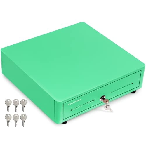 Volcora Cash Register Drawer for (POS) Point of Sale System with Round Corner 13", Removable Coin Tray, 4 Bill/5 Coin, 12-24V, RJ11/RJ12 Key-Lock, Media Slot,Cash Till, for Business, Green