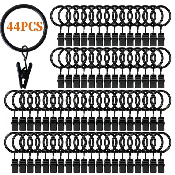 44 Pack Curtain Rings with Clips,Curtain Hooks,Drapery Clips with Rings, Drapes Rings 1.26 in Interior Diameter, Fits up to 1 in Curtain Rod, Black