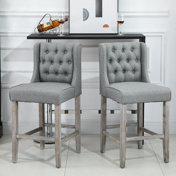 HOMCOM Counter Height Bar Stools Set of 2 Upholstered Bar Chairs with Nailhead Backrest and Footrest Modern Barstools for Kitchen Dining Room Grey Walmart