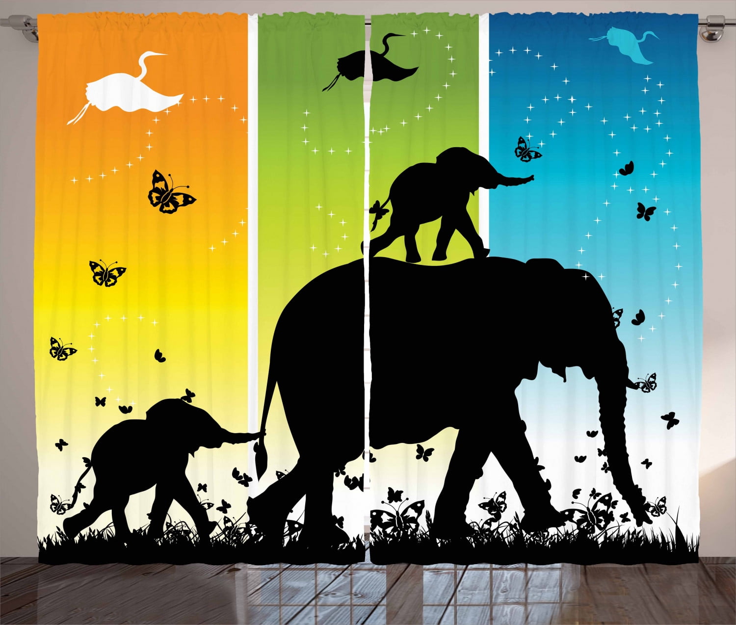 3D Safari Sunset Elephants Shadow Window Curtains Blockout Drapes Fabric Mural 