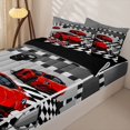 thumbnail image 3 of Manfei Cartoon Sports Cars Zipper Full Size Comforter Sets with Fitted Sheet and 2 Pillowcases,Racing Track Print Zipper Bedding Set,Red,Black Reversible,4pcs, 3 of 8