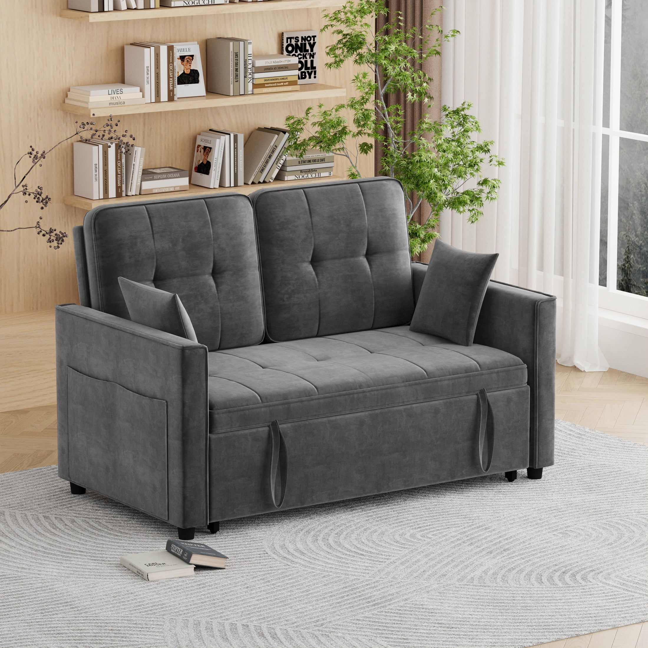Convertible Sofa Bed,3-in-1 Sleeper Sofa with Pull Out Bed,Velvet Couch with Adjsutable Backrest and 2 Pillows for Living Room,Gray
