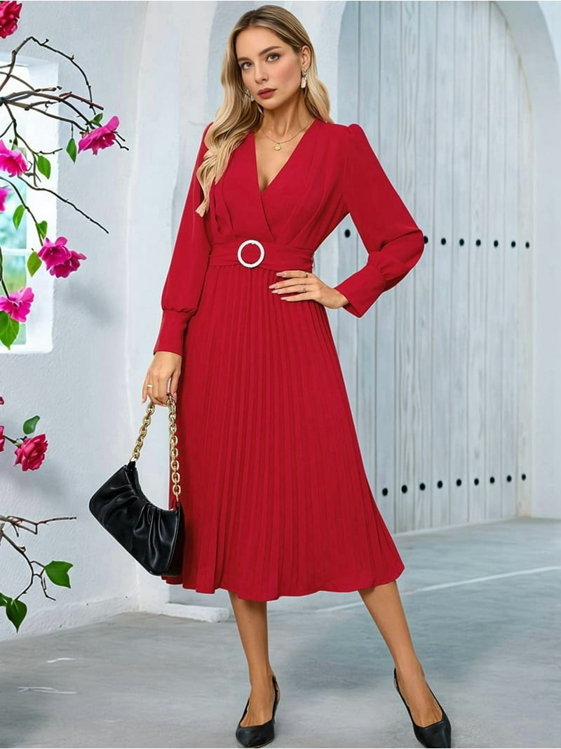 Women'S Long Sleeve Flared A Line Dress Wedding Guest Casual Semi Formal  Office Lady Dresses with Belt Red XL - Walmart.com
