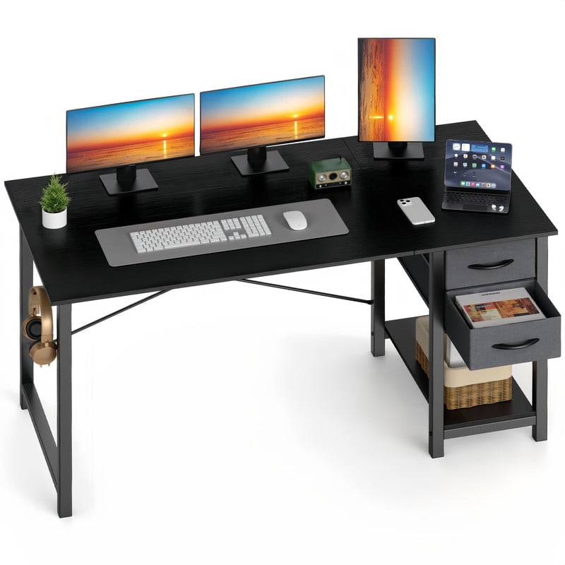 Kelno 47 Inch Computer Desk with 2 Fabric Drawers Home Office Work Table with Side Hook Adjustable Storage Shelf, Black