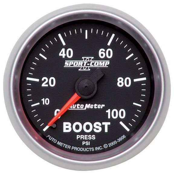 AutoMeter 3606 Sport-Comp II Mechanical Boost Gauge; 2-1/16 in.; Black Dial Face; Fluorescent Red Pointer; White LED Lighting; Mechanical; 0-100 PSI;