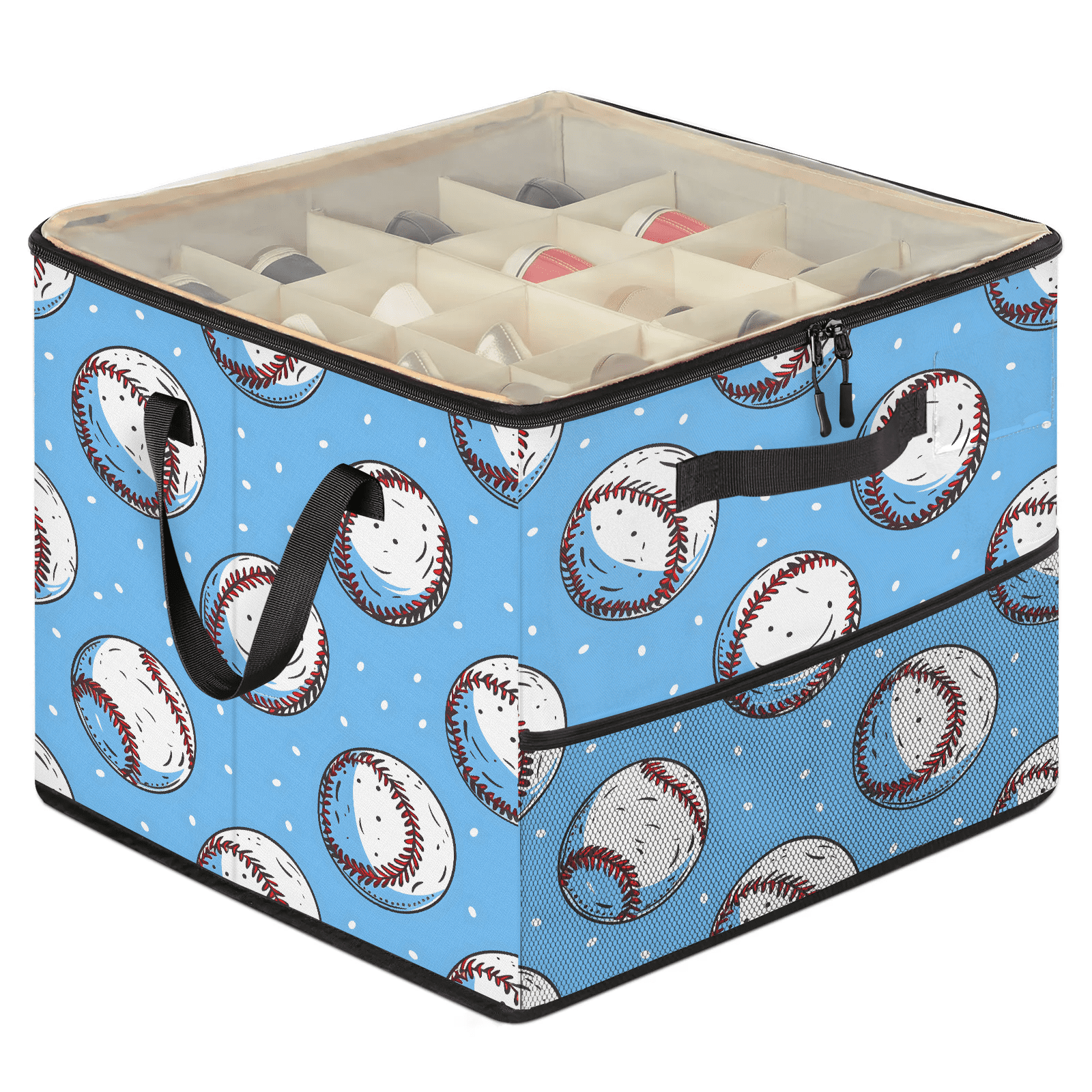 Jiaoprinted Baseballs Shoe Storage Box with Adjustable Dividers Large Shoe Organizer with Clear Transparent Lid Sports Baseball Foldable Stackable Shoes Storage Bin for Closet Entryway