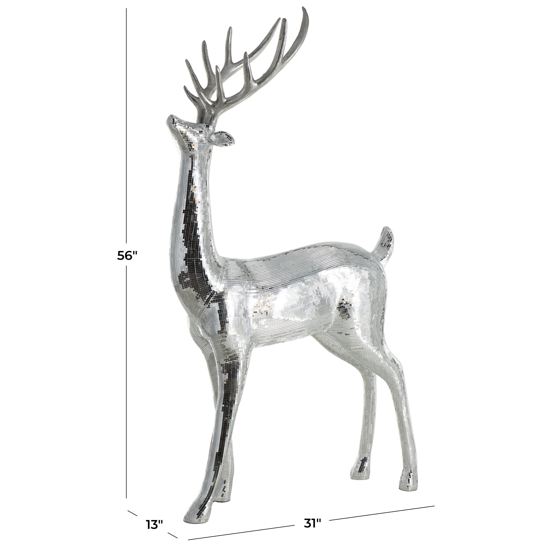 31" x 56" Silver Fiberglass Floor Reindeer Christmas Sculpture with Mosaic Pattern, by DecMode