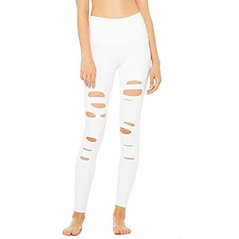 Alo Yoga Women's High-Waist Ripped Warrior Legging, White,L - US