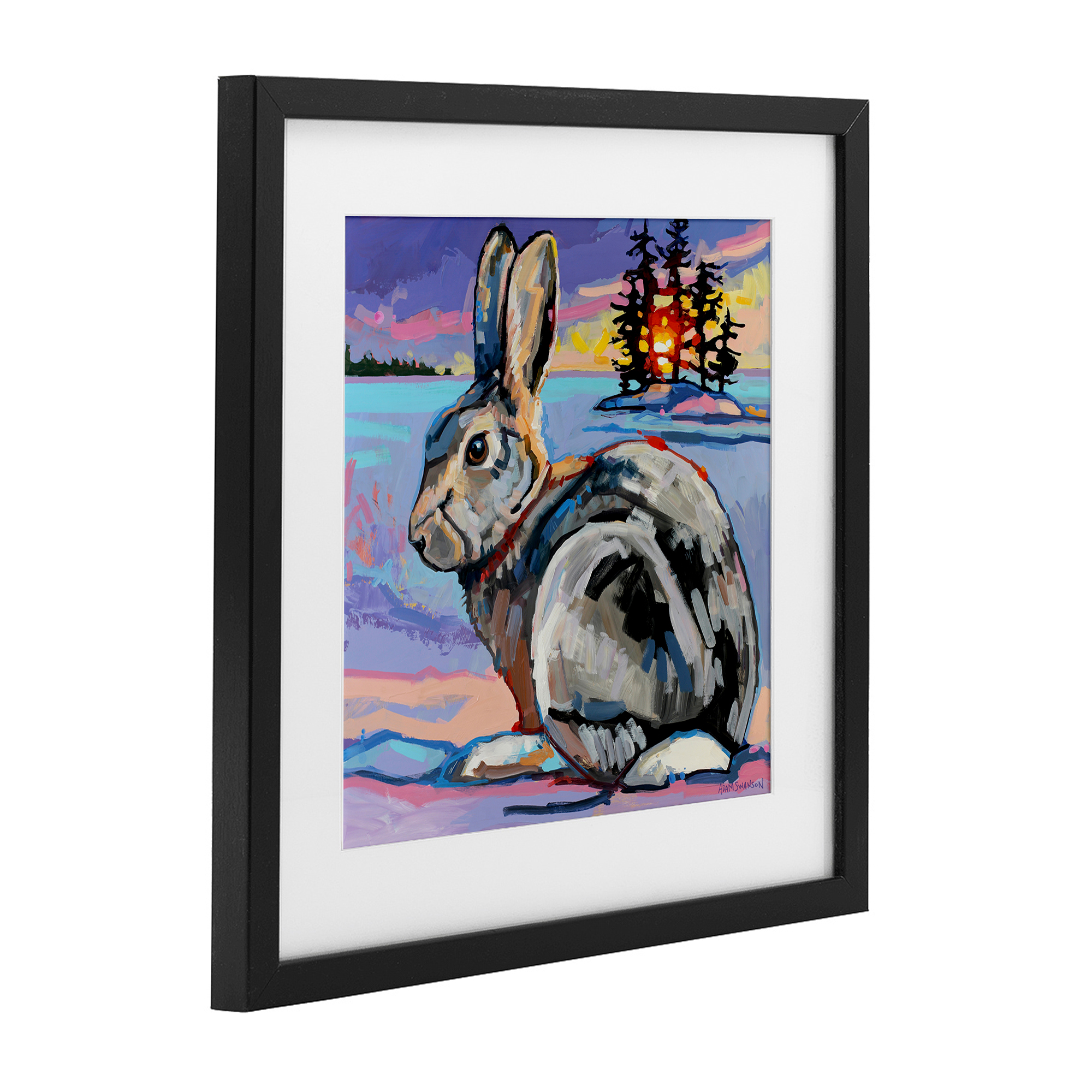 Runaway Goliath Rabbit Black Framed Print Under Glass, design by Adam Swanson