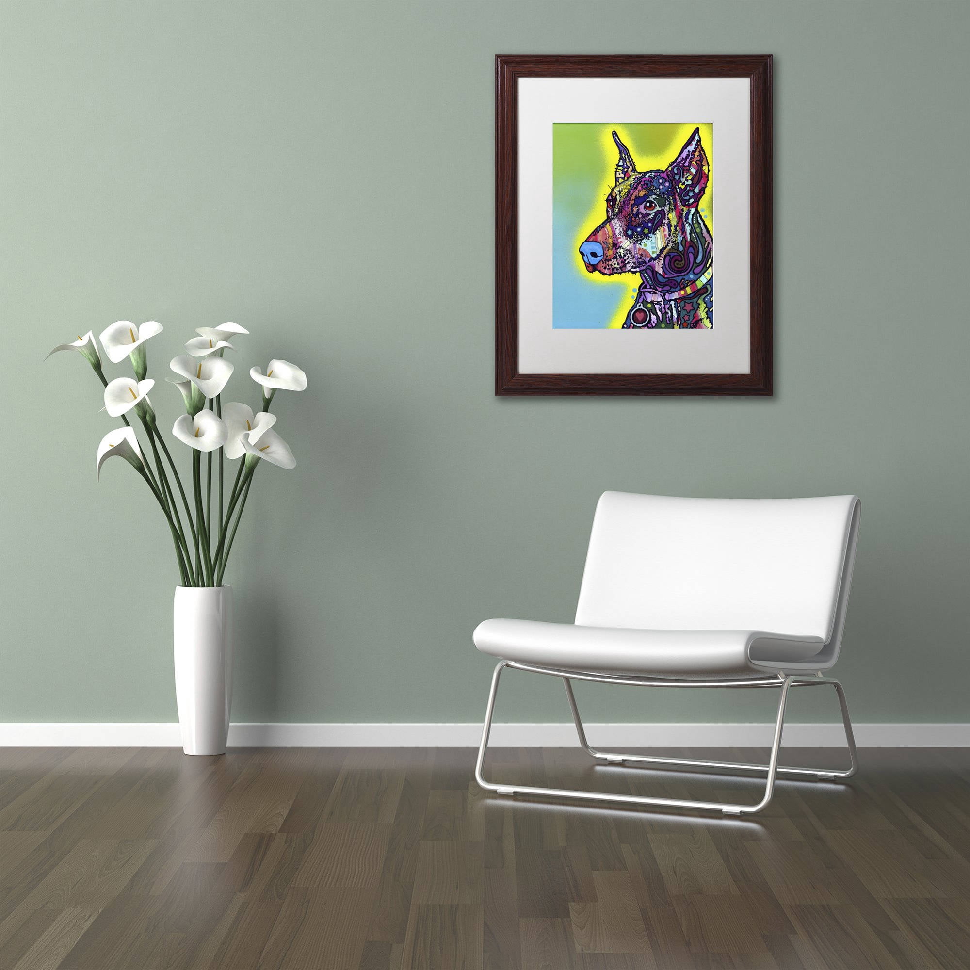 Trademark Fine Art "Doberman" Canvas Art by Dean Russo, White Matte, Wood Frame