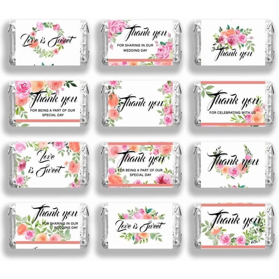 120 Pcs Wedding Candy Bar Wrappers 1.4x2.6inch(3.5x6.6cm) 6 Styles Pink Rose Chocolate Bar Label Stickers Mini Candy Bar Wrappers