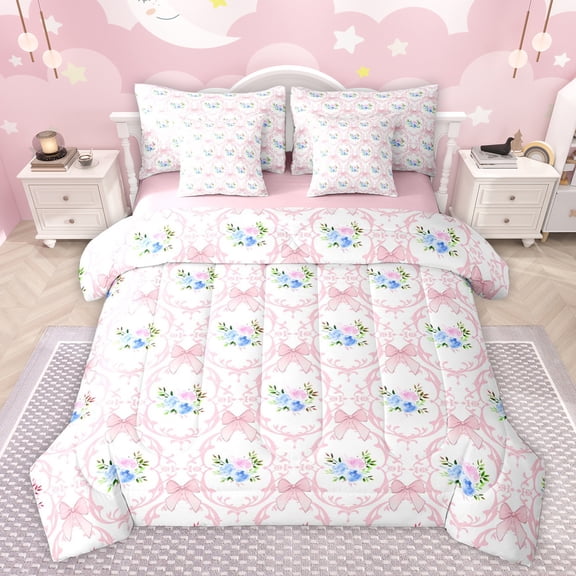 jejeloiu Vintage Baroque Flower 7-Piece Twin Bedding Sets,Girls Pink Bowknot Bedding Comforter Set,Flower Floral Sheet Sets For Kids,Super Cozy Room Decor Reversible