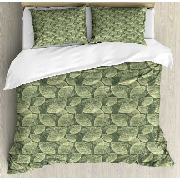 Abstract Duvet Cover Set Queen Size, Autumn Leaves Hand Drawn Art Style Foliage Pale Toned Design Vintage, Decorative 3 Piece Bedding Set with 2 Pillow Shams, Reseda Green Pale Green, by Ambesonne
