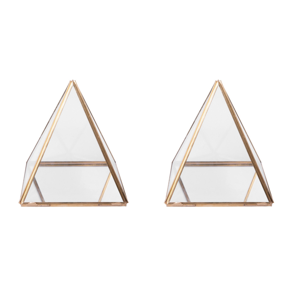 2X Glass Jewelry Box Golden Geometric Decorative Box Geometric Glass Pyramid Ring Holders for Wedding Birthday Gift L