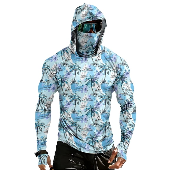 UPF 50 Compression Hoodies for Men Long Sleeve Performance Fishing Hooded Shirt with Integrated Mask Outdoor Fishing Gear