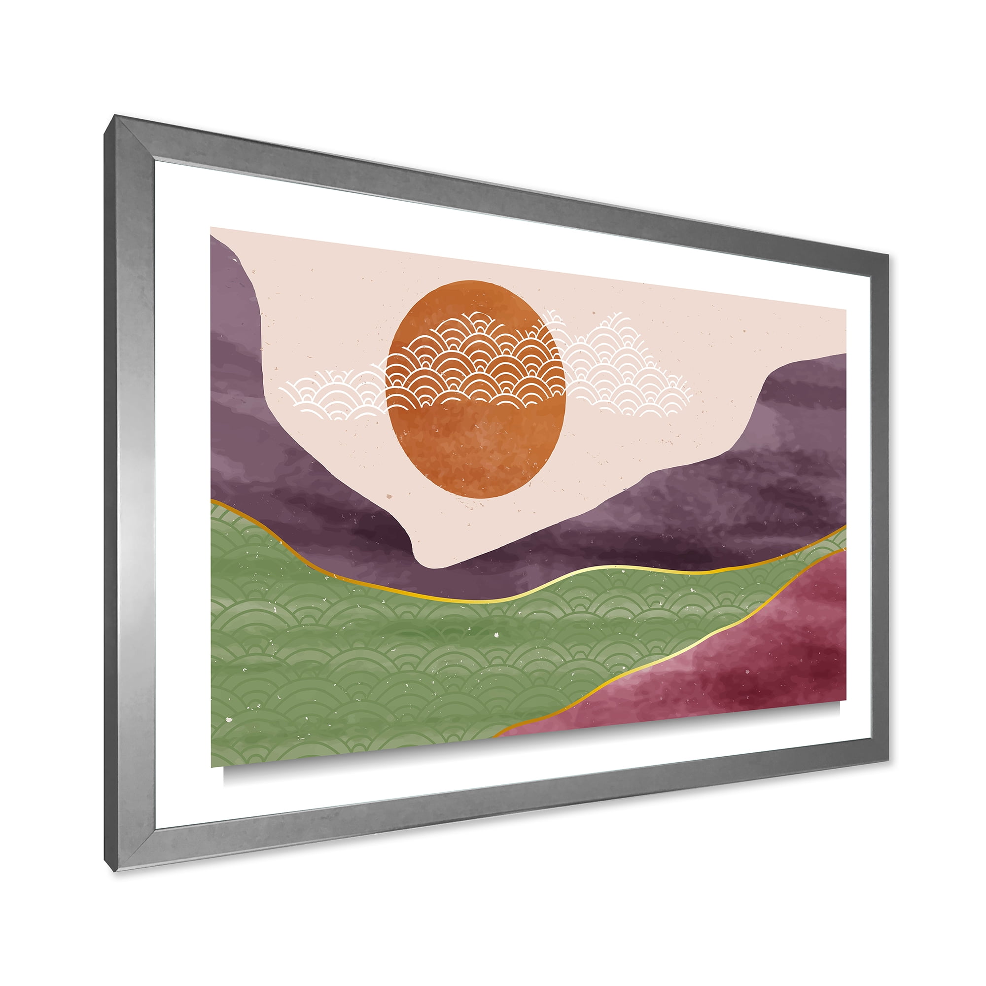 Designart 'Abstract Landscapes With Mountain River and Moon' Modern Framed Art Print