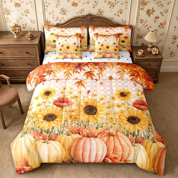 Erosebridal Plaid Floral 7-Piece Twin Bedding,Fall Harvest Bedding Comforter Set,Light Pink,Reversible