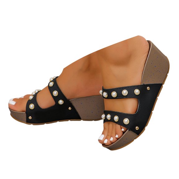Mepaouo Women's Platform Wedge Sandals Open Toe Slip on Slides Cork Heeled Cutout Summer Beach Shoes