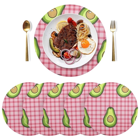 Top View Of Cartoon Avocados PVC Round Grid Placemat Table Mat Set 6 Pcs 15.4" x 15.4"