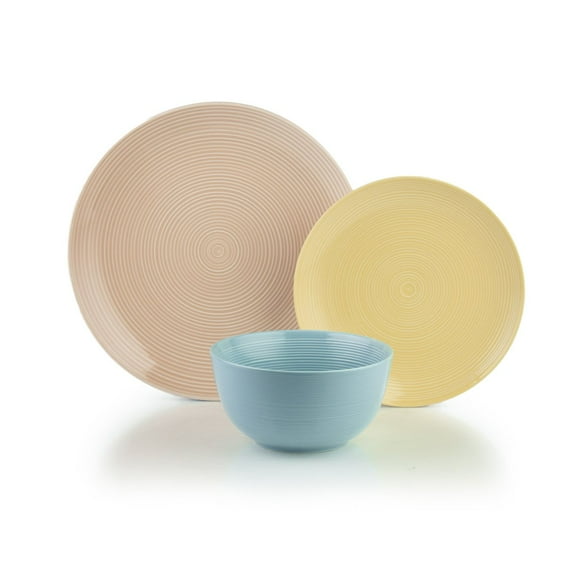 Everything Kitchens Modern Colorful Neutrals - Rippled 12-Piece Dinnerware Set - Glazed | Blue, Butter Yellow & Blush Pink