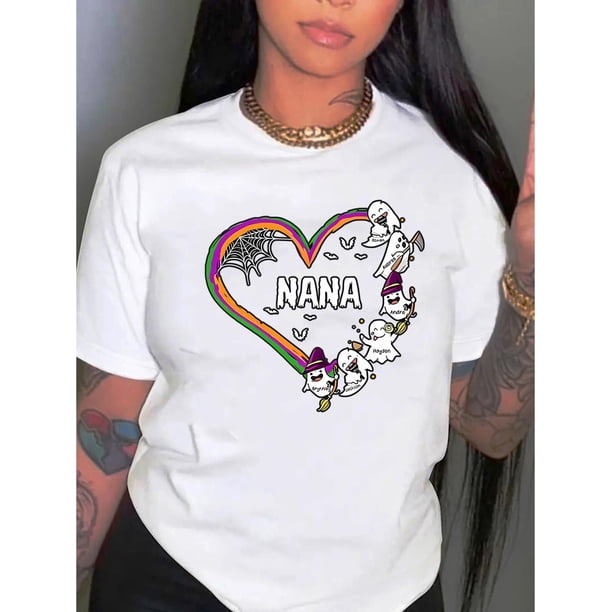 1pc Halloween Nana Graphic Tee, Women'S Casual Crew Neck Short Sleeve T-Shirt, Polyester Knit Fabric with Medium Stretch, All-Season Fashion Top