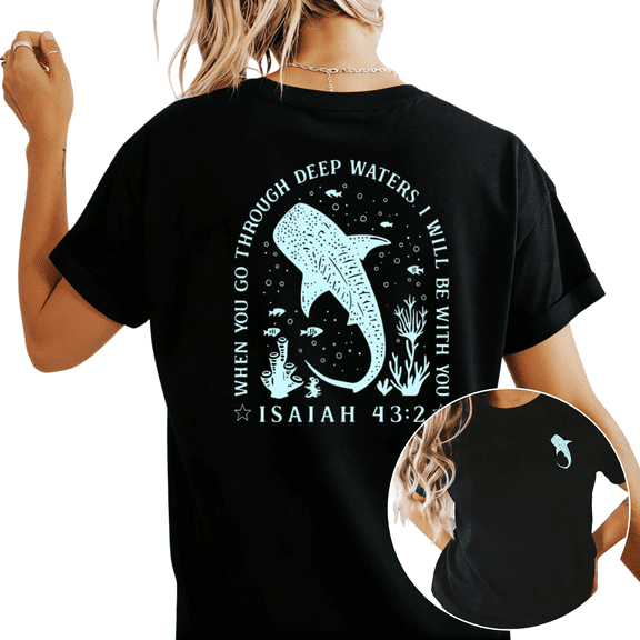 UNISHE Women's Whale Shark Isaiah 43:2 When You Go Through Deep Waters Christian Faith Cropped Short‑Sleeve T‑shirt