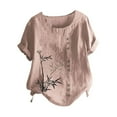 thumbnail image 3 of Fashion Womens Tops Retro Bamboo Print Casual Loose Cotton Linen Short Sleeve Pullover T Shirt Pink, 3 of 3