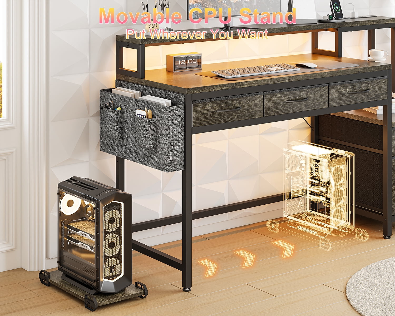 GUNAITO 60 inch Gaming Desk with 5 Fabric Drawers & Storage Shelves, Computer Desk with LED Lights & Charging Station,Gray