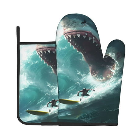 

Lukts Surfing Shark Print Kitchen Heat-Resistant Gloves and Spacers 2pcs Set Suitable for Baking and Cooking
